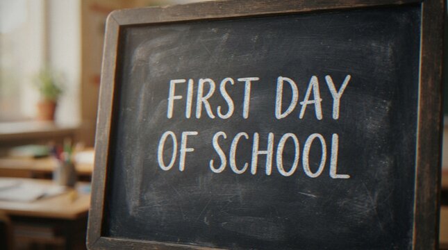 A close-up view of a small chalkboard with the text 'FIRST DAY OF SCHOOL' written in white chalk, set inside a blurred classroom background.