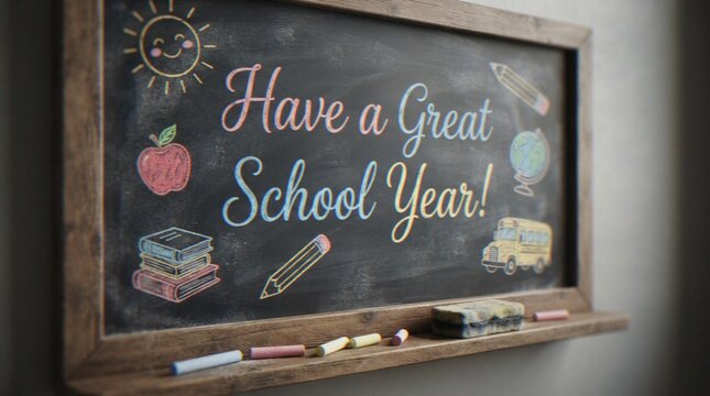 A chalkboard with the message Have a Great School Year written in colorful chalk, decorated with school supplies like an apple, books, pencil, bus, and globe.
