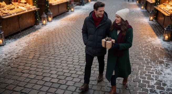 Couple walking through a snowy Christmas market square, holding a gift amidst festive stalls and lanterns.