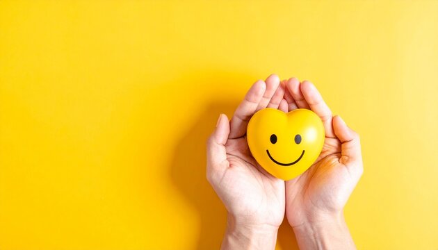 Two hands holding a yellow smiley heart shape overhead view on a bright yellow background