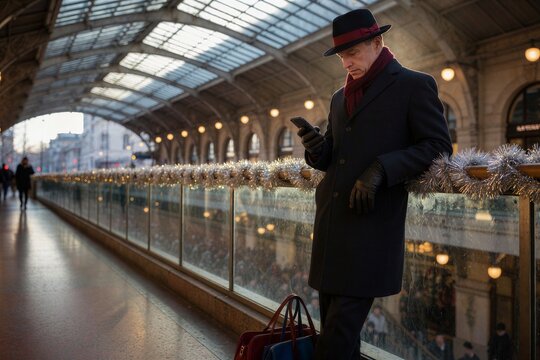 Man in a charcoal coat checks his phone while leaning against a tinsel-trimmed railing during Christmas shopping.