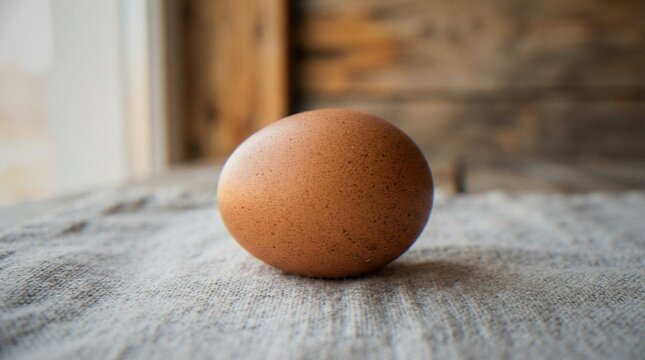 A single fresh brown egg resting on a textured fabric surface with a rustic wooden background.
