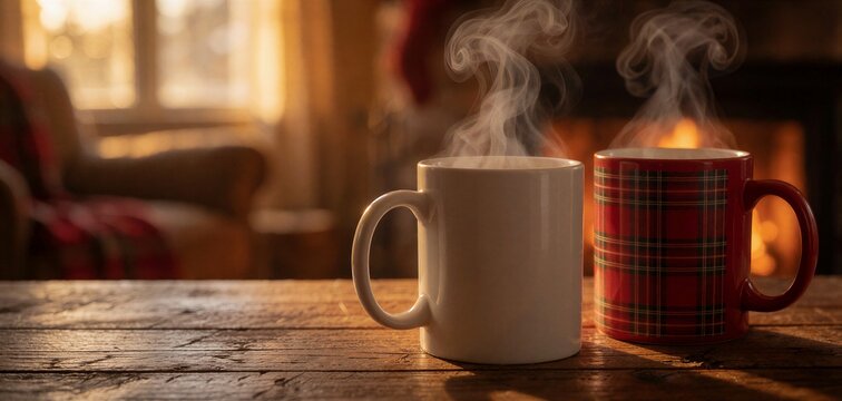 Cozy scene with two steaming mugs on a rustic table, evoking feelings of Christmas laughter together amidst warm fireplace glow.