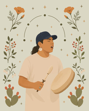 Indigenous Hand Drum Singer with Native Plants