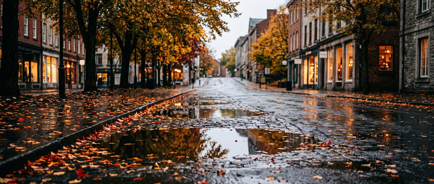 Rainy autumn street lined with historic buildings and glowing shop windows. Wet pavement reflects colorful foliage and evening lights, creating a cozy urban seasonal atmosphere.