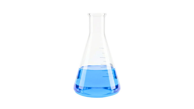 Isolated Glass Erlenmeyer Flask with Blue Liquid and Measurement Lines