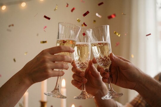 Friends celebrating Christmas with a toast, clinking sparkling champagne glasses amidst falling confetti under warm festive lighting.