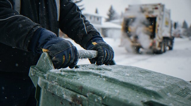 A sanitation worker pushing a green waste bin on a snowy winter day with a garbage truck in the background.