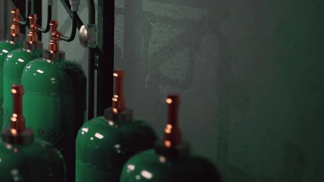 Gas cylinders are arranged neatly on a metal rack in a workshop. They are green with copper tops and are set against a dark wall. The lighting highlights their shape and color.