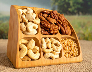 Fototapeta premium A carved bamboo snack tray with recessed sections for various nuts and seeds sits on a woven jute floor rug.