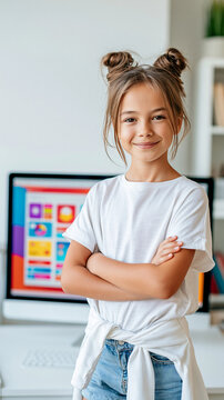 Smiling young girl with brown hair in buns, standing confidently in front of a computer.