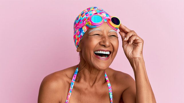 Joyful senior woman with a vibrant swim cap and goggles, laughing against a pink backdrop.