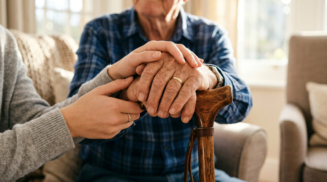 Commercial stock photo of young hands gently holding senior wrinkled hands on a walking cane. Close-up of family support, empathy, and elder care with warm sunlight.