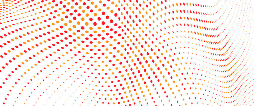 Abstract colorful red and orange halftone dot wave background with flowing curve mesh