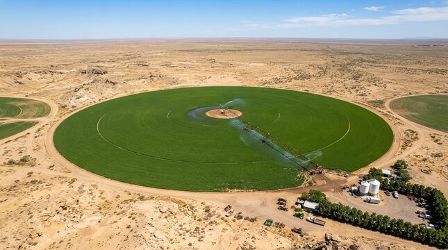 Aerial view of circular green farm in desert utilizing advanced precision agriculture technology