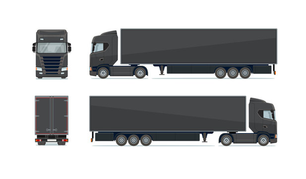 Black Semi Truck Trailer Mockup Vector Template with Side Front Rear Views for Fleet Branding. Editable cargo transport illustration for logistics, commercial identity and advertising