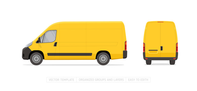 Yellow cargo van vector template with side and rear views, editable commercial panel van illustration isolated on white background for transport, delivery, logistics and vehicle branding