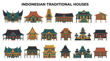 Fototapeta premium Traditional indonesian house architecture icons collection.