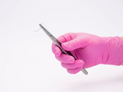 Hand in pink medical glove holding surgical needle holder with suture thread