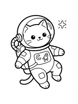 Cute Cat Astronaut Coloring Page Illustration of a Kitten in a Space Suit Floating Near a Star