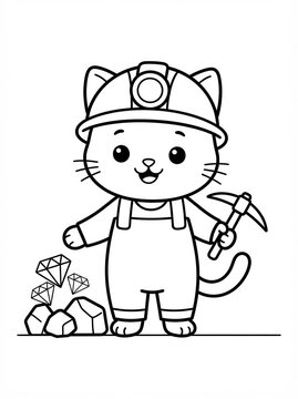 Cute Cat Miner With Pickaxe and Gems &mdash; Kid-Friendly Coloring Page Line Art Illustration