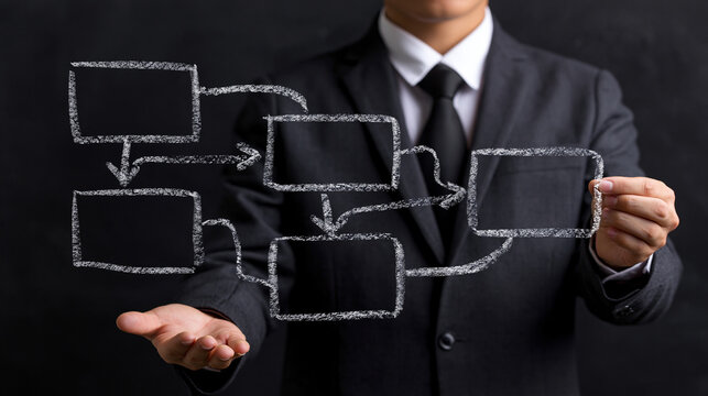 Businessman presenting a flowchart in a suit against a dark background.
