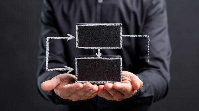 Male professional demonstrating a flowchart concept with hands on a dark background.