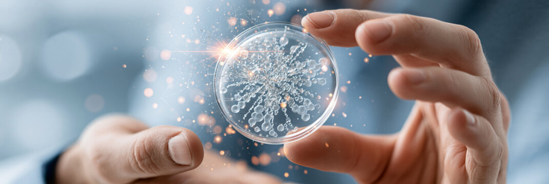 A close-up of a person holding a petri dish with bubbles and sparkles.