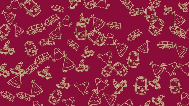 Seamless travel doodle pattern with buses, trains, and summer icons on maroon background