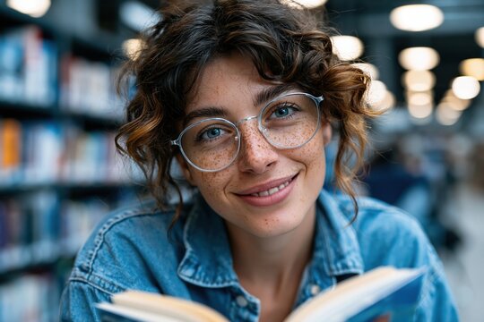 Smiling Woman Reading Book in Library