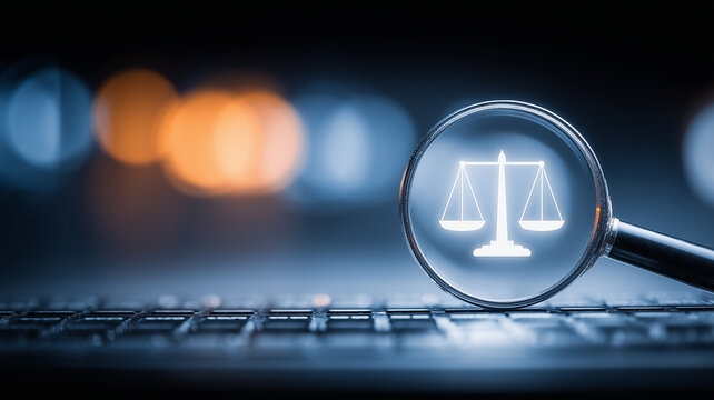 A magnifying glass showing justice scales on a keyboard represents legal research and digital compliance analysis.
