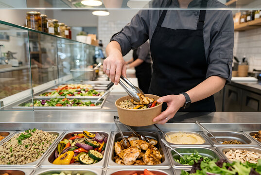 Frische Mahlzeit wird am Feinkosttresen zusammengestellt