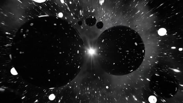 Abstract black and white universe visuals featuring spheres, stars, and cosmic clouds, perfect for futuristic and sci-fi themes.
