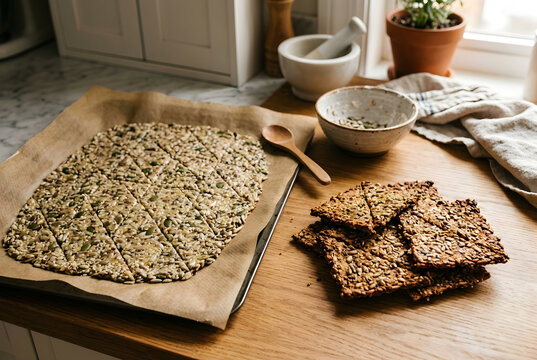 Backfertige Saatencracker auf dem Backblech