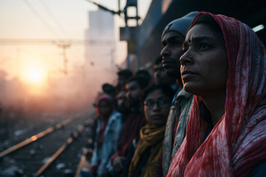 Crowd of Commuters Waiting on Railway Platform at Sunrise
