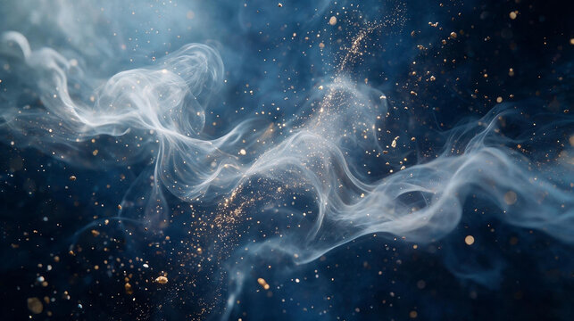 Abstract Background of Flowing Smoke with Golden Glitter Sparkles