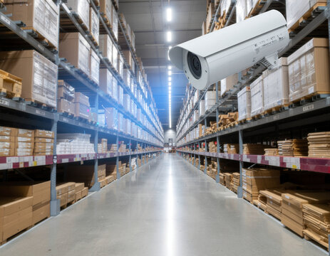 indoor security surveillance camera mounted in a long aisle lined with pallet rack shelves inside a commercial distribution warehouse