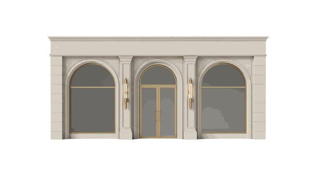 Vector illustration of elegant classic storefront facade with arched windows and glass doors on a transparent background