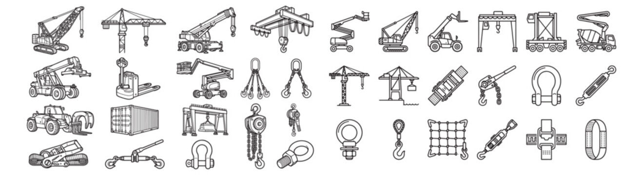 Crane, Hoist and Lifting Equipment Line Art Set of Industrial Rigging and Heavy Machinery Illustrations