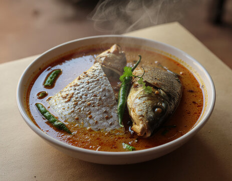 traditional hot bengali fish curry with steam garnished with green chilies and served in a white ceramic bowl on a wooden table
