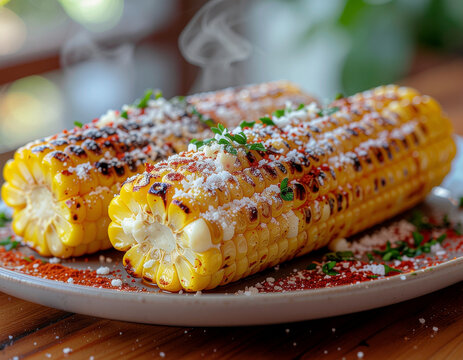freshly roasted sweet corn on the cob seasoned with cotija cheese chili powder and cilantro served hot with steam on a ceramic plate