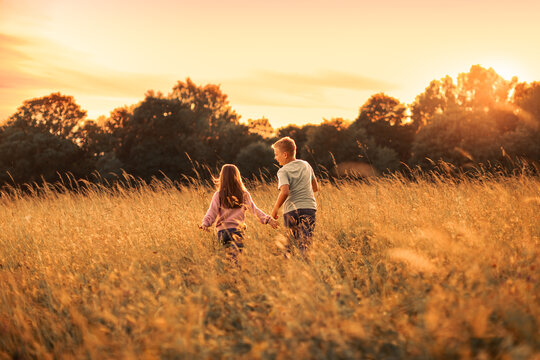 Brother and Sister Holding Hands in Golden Meadow at Sunset, family children sibling bonding 