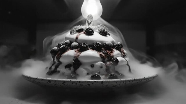 Black and white shot of a dessert with whipped cream, berries, and mint, presented dramatically with fog.
