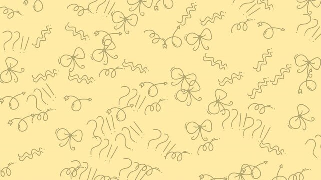Seamless hand drawn doodle pattern with bows and symbols on yellow background for textile design