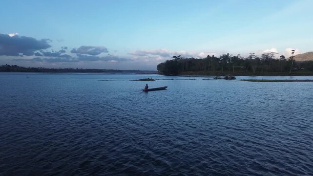4K Aerial View of Traditional Fishing Boat on Sutami Reservoir in Malang, Indonesia