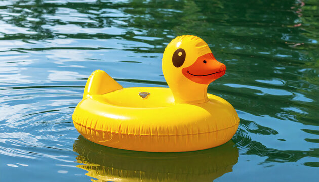 Rubber duck floatie swimming on blue water surface during a bright sunny summer day at the outdoor public pool