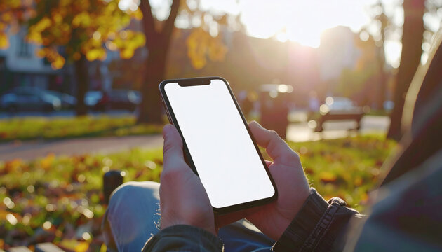 Smartphone mockup held in hands with blank white screen outdoors in a park during a sunny golden autumn afternoon