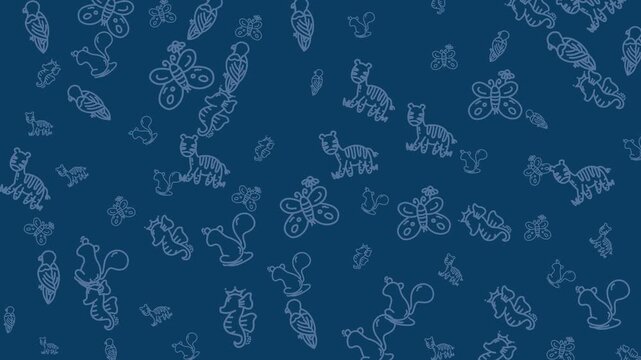 Cute animal doodle pattern on blue background with zebra butterfly and squirrel line art icons