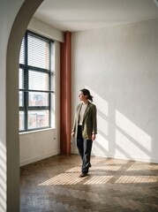 Fototapeta premium Professional female real estate agent or interior architect walking through an empty spacious apartment with herringbone wood floors