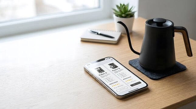 Modern smartphone displaying a product comparison app on a wooden desk next to a black gooseneck kettle and office accessories.